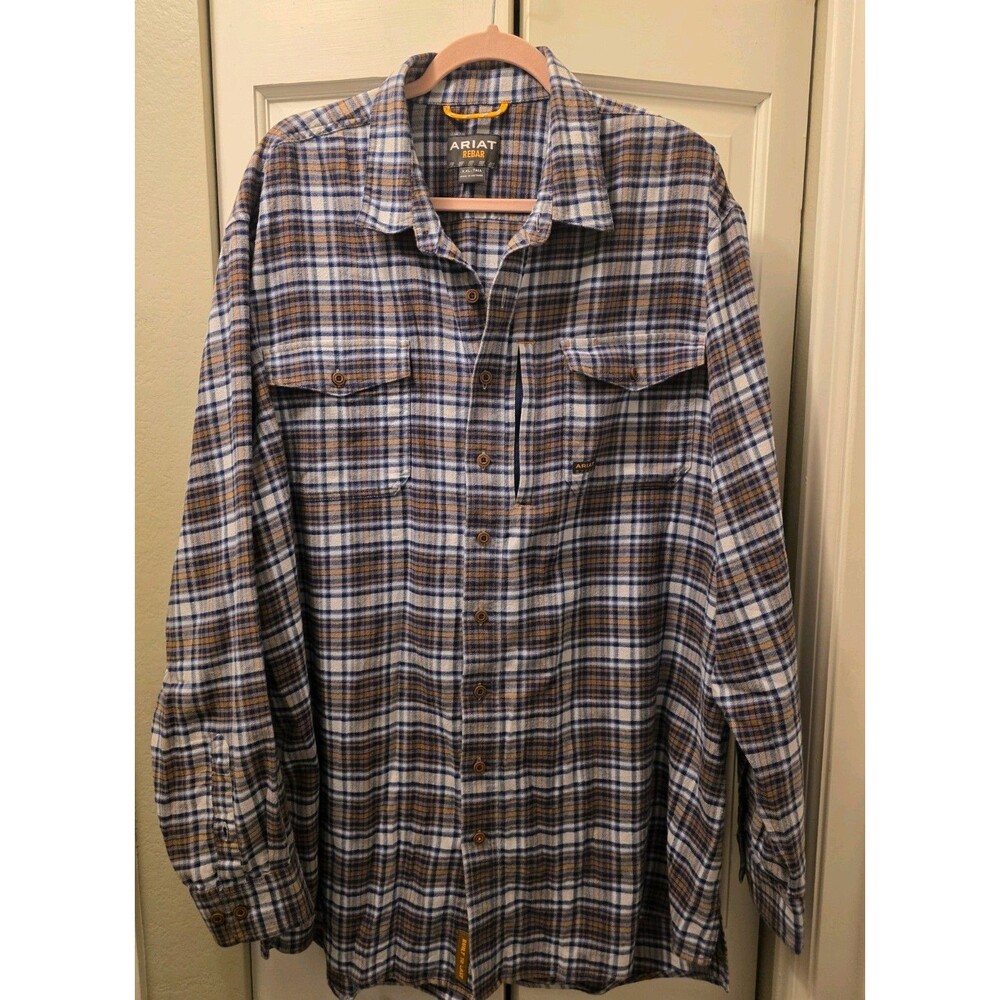 Ariat DuraStretch Flannel Men's 2XL Rebar Work Shirt Blue Orange Plaid